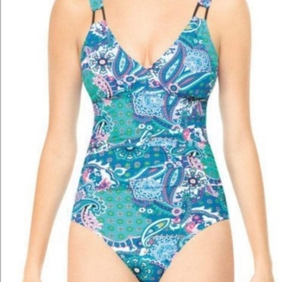 Love Your Assets Sara Blakely Paisley Spanx One Piece Swimsuit Blue Pnk Size S - Picture 4 of 7